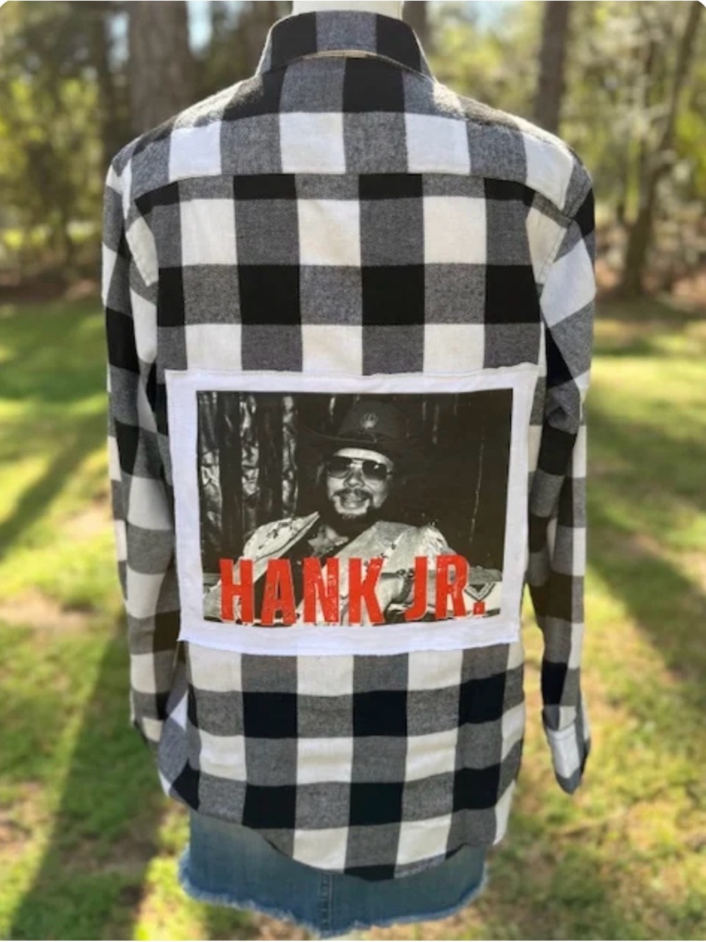 Upcycled Black & White Buffalo Check Flannel Shirt with Hank Jr. Patch